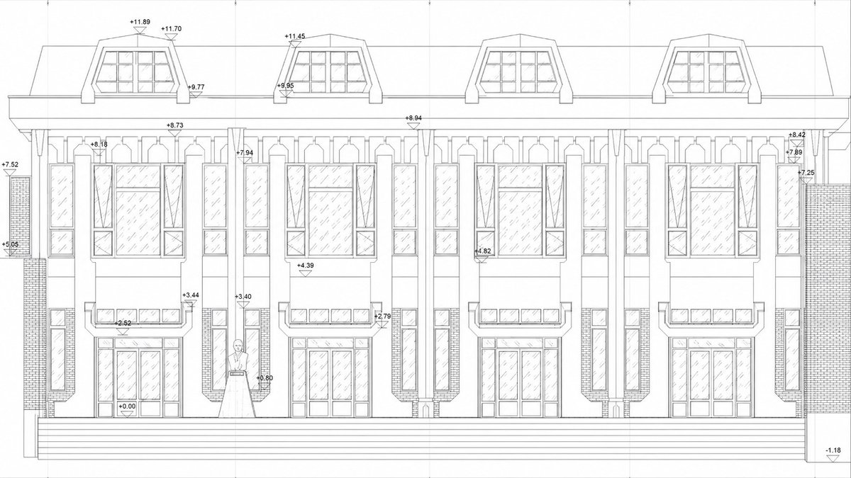 Planșa CAD de fațadă cu axe, cote și înălțimi, extrasă din modelul BIM de ELY BASS